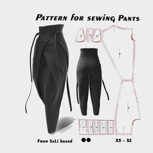 May include: A sewing pattern for pants with a high waist and a gathered detail at the front. The pattern is for sizes XS to XL and is from the Sali brand.