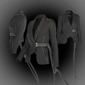 May include: Three views of a black blazer with a wrap-style front and a belt. The blazer has a notched collar, long sleeves, and white stitching along the seams. The belt is secured with a silver buckle. The blazer's length is approximately 28 inches.