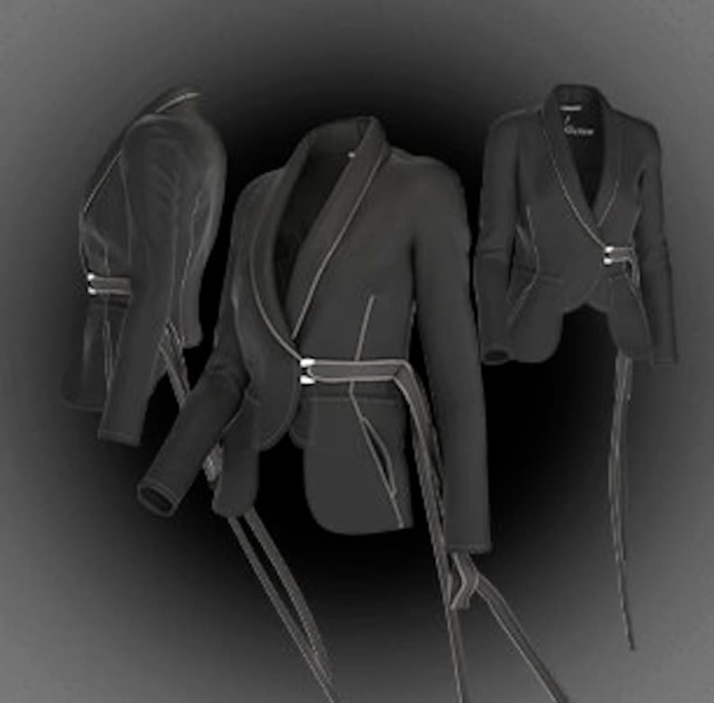 May include: Three views of a black blazer with a wrap-style front and a belt. The blazer has a notched collar, long sleeves, and white stitching along the seams. The belt is secured with a silver buckle. The blazer's length is approximately 28 inches.