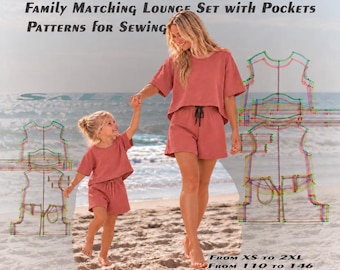 Mönster för familjematchande loungeset | Stor t-shirt och shorts med fickor (PDF-nedladdning)