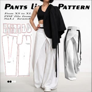 Puede incluir: Pantalones blancos estilo envolvente con cintura alta y detalles de cinturón negro. Una blazer negra está drapeada sobre los hombros. La imagen incluye un patrón y el texto "PANTS line PATTERN" y "From XS to XL PDF file from SaLi brand."