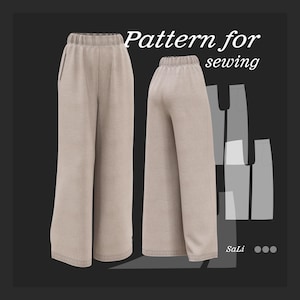 Può includere: Un cartamodello per cucire pantaloni a gamba larga. Il cartamodello include istruzioni per tagliare e cucire i pantaloni. Il cartamodello è per un paio di pantaloni beige.
