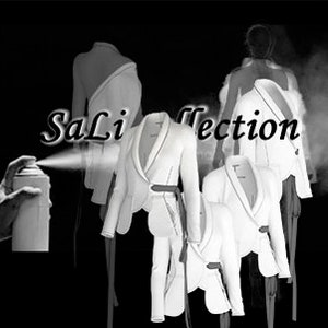May include: A black and white image featuring a spray can and several white blazers. The blazers have a unique design with asymmetrical cuts and belted waists. The text "SaLi Collection" is displayed in the center of the image.