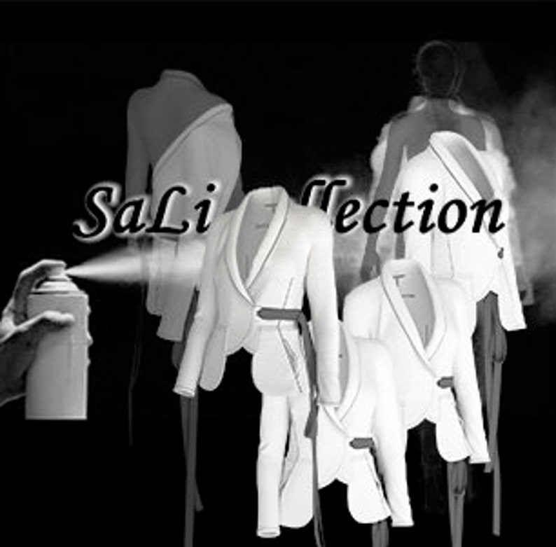 May include: A black and white image featuring a spray can and several white blazers. The blazers have a unique design with asymmetrical cuts and belted waists. The text "SaLi Collection" is displayed in the center of the image.