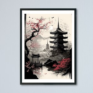 Japanische Landschaft mit Sakura Kirschblüten Bergen und Tempel - Japanische Deko - Japanische Kunst Poster