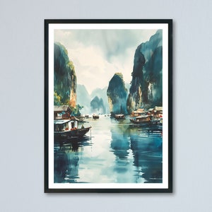 Halong Bay Vietnam watercolor painting, Vietnam travel poster, Halong Bay Vietnam water-based paint poster