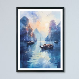 Halong Bay Vietnam watercolor painting, Vietnam travel poster, Halong Bay Vietnam water-based paint poster