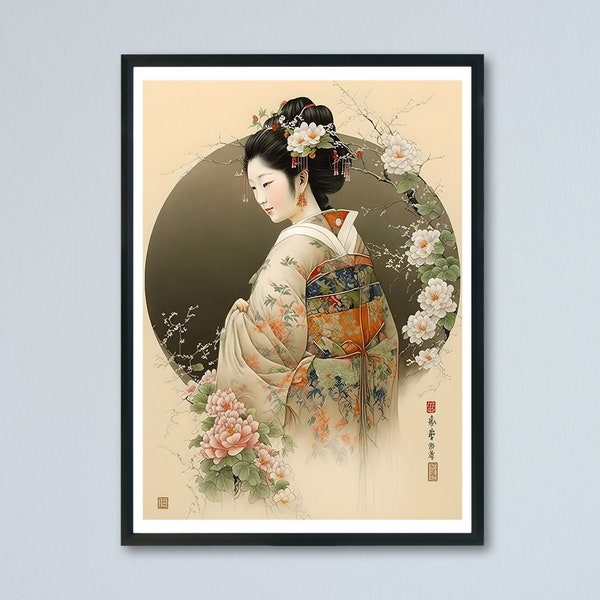 Japanse geisha met kimono omgeven door bloemen - Japanse decoratieve poster