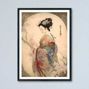 Japanese geisha with kimono surrounded by flowers - Japan Deco Poster