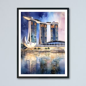 Singapore Marina Bay Sands Resort Aquarelle Painting, Singapore Travel Poster, Singapore Marina Bay Hotel Watercolour Poster