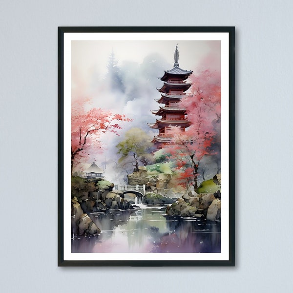 Peinture aquarelle de paysage japonais avec montagnes et temples en fleurs de cerisier sakura, décoration japonaise, affiche d'art japonais