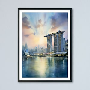 Singapore Marina Bay Sands Resort Aquarelle Painting, Singapore Travel Poster, Singapore Marina Bay Hotel Watercolour Poster