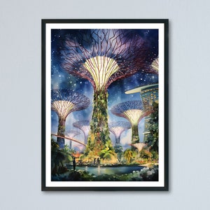 Singapore Supertrees Gardens Aquarelle Painting, Singapore Travel Poster, Singapore Super Tree Gardens by the Bay Watercolour Poster