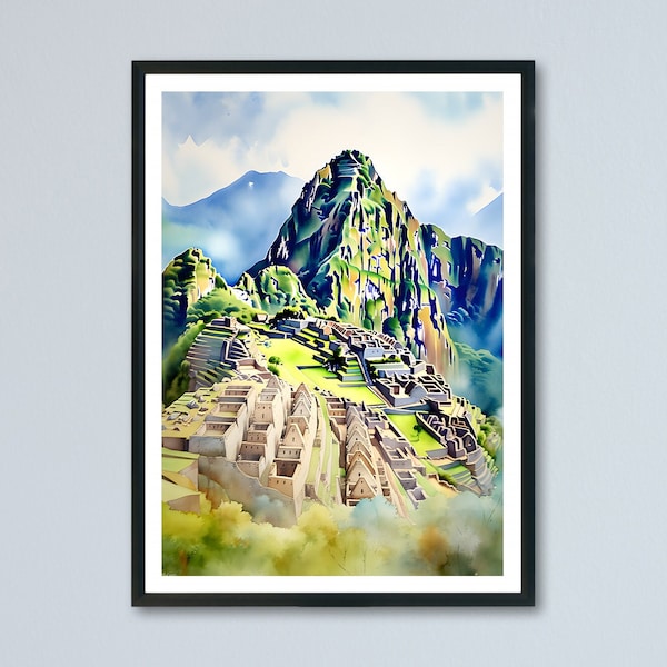 Machu Picchu Peru Reise Poster, Ruinenstadt Aquarell Gemälde - Machu Picchu Berge Wasserfarben Druck