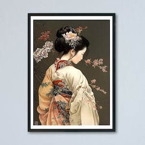Japanese geisha with kimono surrounded by flowers - Japan Deco Poster