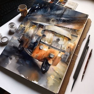 Tuk Tuk in Bangkok Thailand watercolor painting - Thailand Tuktuk Bangkok auto rickshaw watercolor poster