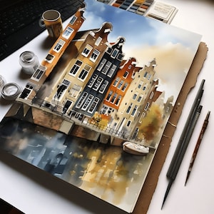 Amsterdam canal houses Damrak houses watercolor aquarelle painting - Netherlands Amsterdam Gracht Poster
