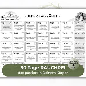 以下が含まれることがあります： 禁煙30日 - 毎日が大切-というタイトルの白黒の印刷可能なチャート。禁煙後、毎日体に起こるポジティブな変化を示すカレンダー。チャートには、折れたタバコと健康な肺が含まれています。