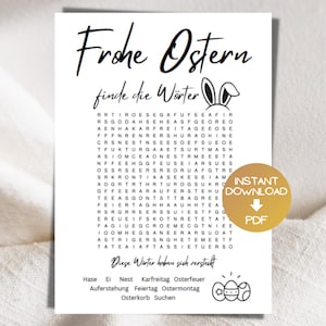 Könnte beinhalten: Ein druckbares Ostersuchrätsel in Schwarzweiß. Das Rätsel zeigt die Wörter "Frohe Ostern" und ein Kaninchen mit Ohren. Das Rätsel ist zum Ausdrucken und Spielen gedacht.