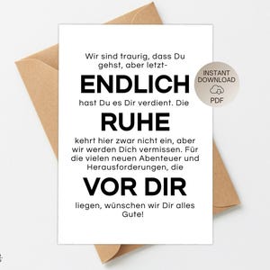 Modèle d'impression PDF carte drôle « Enfin la paix devant toi » pour adieu, retraite, changement d'emploi pour collègue, carte de vœux cadeau d'adieu DIY