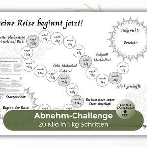 Könnte beinhalten: Eine schwarz-weiße druckbare Tabelle mit dem Text "Deine Reise beginnt jetzt!" und "Abnehm-Challenge 20 Kilo in 1 kg Schritten". Die Tabelle zeigt einen Kreisweg mit 20 Kreisen, die jeweils ein Gewichtsabnahme-Ziel von 1 kg darstellen. Die Kreise sind mit dem Text "noch" und dem verbleibenden Gewicht zum Abnehmen beschriftet. Die Tabelle enthält auch Textfelder für "Startgewicht" und "Zielgewicht".