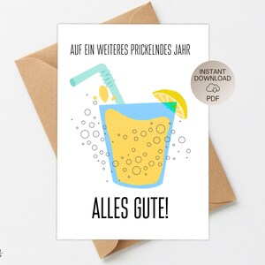 Druckvorlage Grußkarte „Auf ein weiteres prickelndes Jahr“ – PDF Karte zum Ausdrucken, Sommerliche Geburtstagskarte mit Brause-Motiv