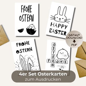 Set di 4 divertenti biglietti di Pasqua da stampare, Buona Pasqua, cartoline fai da te e biglietti pieghevoli, download del file PDF per la stampa, Buona Pasqua
