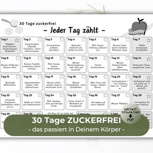 Può includere: Un grafico stampabile in bianco e nero con uno striscione verde in basso che dice "30 Tage Zuckerfrei - das passiert in Deinem Körper -" Il grafico è diviso in 30 quadrati, ognuno con un numero da 1 a 30. Ogni quadrato contiene una descrizione di cosa succede al tuo corpo quando smetti di mangiare zucchero per 30 giorni.