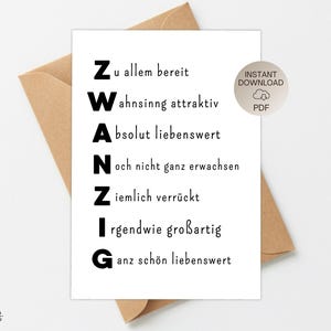 Modelo de impressão em PDF, cartão de aniversário engraçado para 20º aniversário com frases engraçadas, cartão de felicitações, presente DIY para imprimir Baixar arquivo PDF