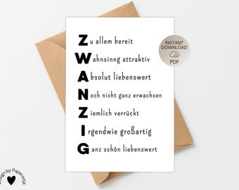 PDF printable template for a funny 20th birthday card with witty sayings. DIY greeting card/gift to print. Download PDF file.