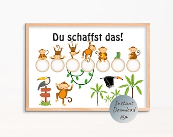 Puede incluir: Un estampado enmarcado con monos de dibujos animados, pájaros y plantas tropicales. La frase alemana "Du schaffst das!" se muestra en la parte superior. La imagen incluye un tucán, un loro y un poste indicador. Un gráfico circular indica una descarga instantánea en PDF.