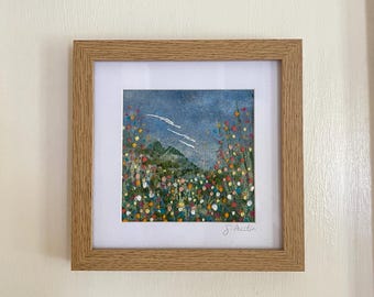 Original Mixed Media Art, Embroidered Flower Field Landscape, Acrylic Painting, Oak Frame