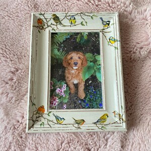 May include: A white picture frame with a distressed finish features a small dog in a garden setting. The frame is decorated with painted birds and branches.