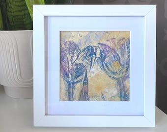 Tulip Gelli Print: Purple Floral Monotype Art in White Frame