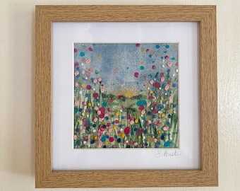 Original Mixed Media Flower Field Sunrise Art, Acrylic Embroidery, Oak Frame