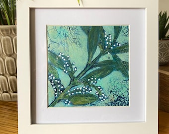 Olive Branch 3, Original Acrylic Gelli Print in White Frame.
