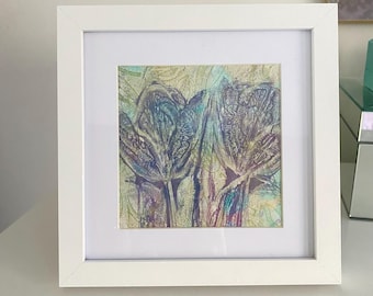 Purple Tulip Monotype Print - Original Acrylic Art in White Frame
