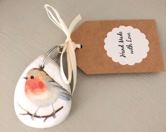 Robin keyring. A teardrop shaped decoupage stone keyring.  Good luck charm, remember a loved one gift idea.