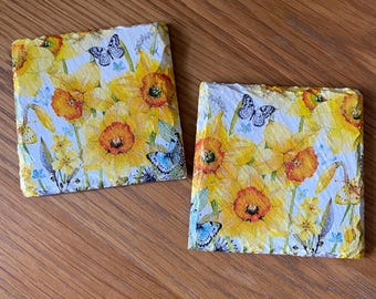 Decoupage Daffodils and Butterflies Coasters, Set of 2