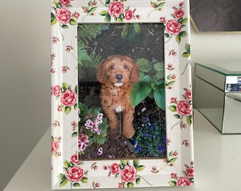 Pink Roses, Decoupaged Picture Frame: White wood (6x4 inch)