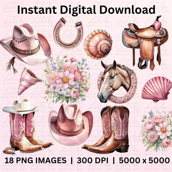 Coastal Cowgirl Clip Art Bundle, Watercolor, Pastel Pink Cowgirl Boots, Cowgirl Hat, Saddle, Wild Flowers, Western Clipart, Digital Download
