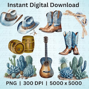 Blauer Cowboy Clip Art Bundle, Aquarell, Pastellblaue Cowboystiefel, Cowboyhut, Gitarre, Lasso, Fass, Kakteen, Kaktus, digitaler Download, PNG.