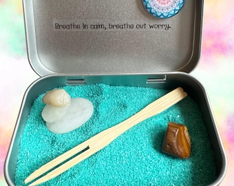 Mini Zen Garden Gift Set: Gemstone, Rocks, Rake - Pocket Relaxation Kit