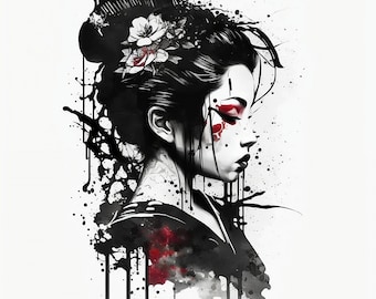 Geisha Tattoo Design - White Background - PNG File Download High Resolution