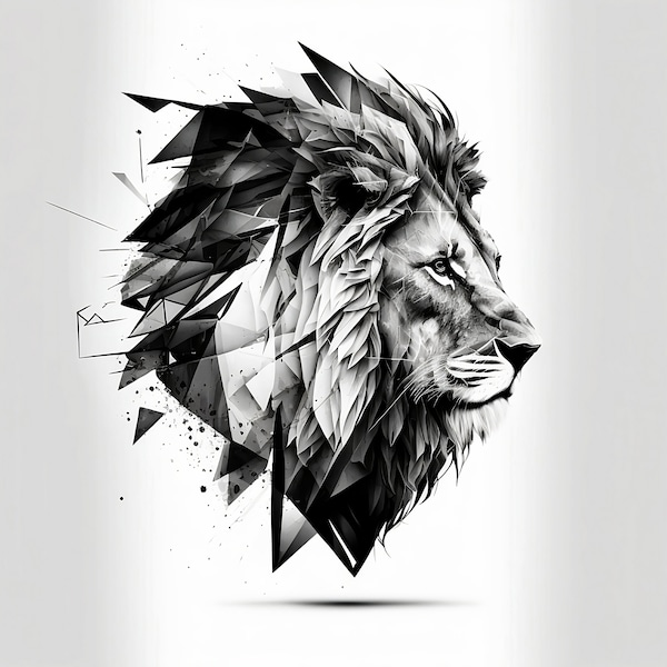 Lion Geometric Style Tattoo Design - White background - PNG File Download High Resolution