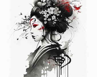 Geisha Tattoo Design - White Background - PNG File Download High Resolution