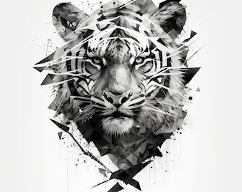 Geometric Tiger Tattoo Design - White background - PNG File Download High Resolution