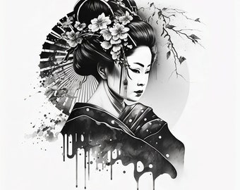 Geisha Tattoo Design - White Background - PNG File Download High Resolution