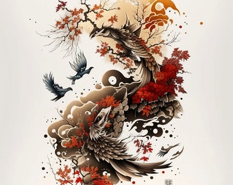 Japanese Style Tattoo Design - White background - PNG File Download High Resolution