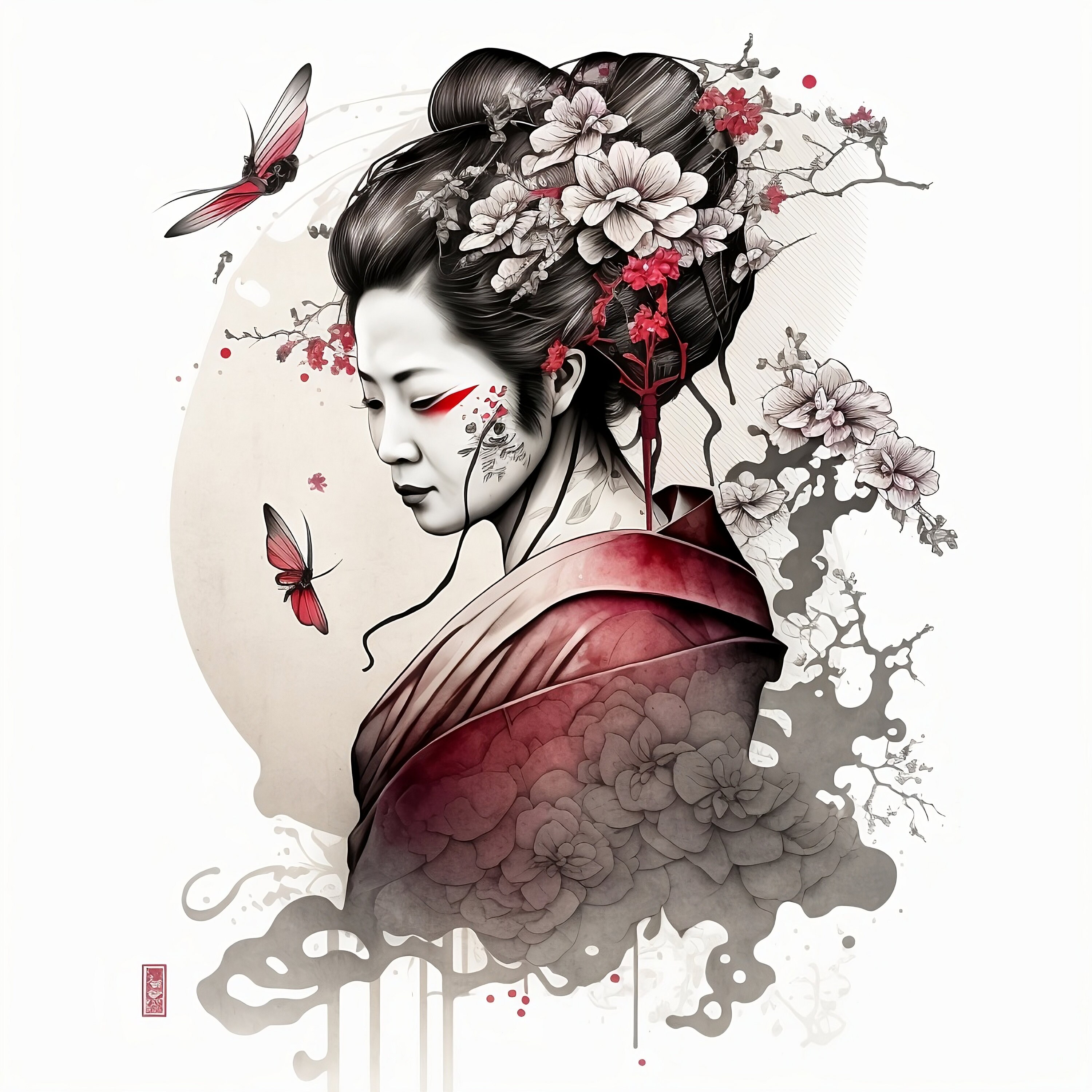 Geisha Tattoo Design White Background PNG File Download High Resolution